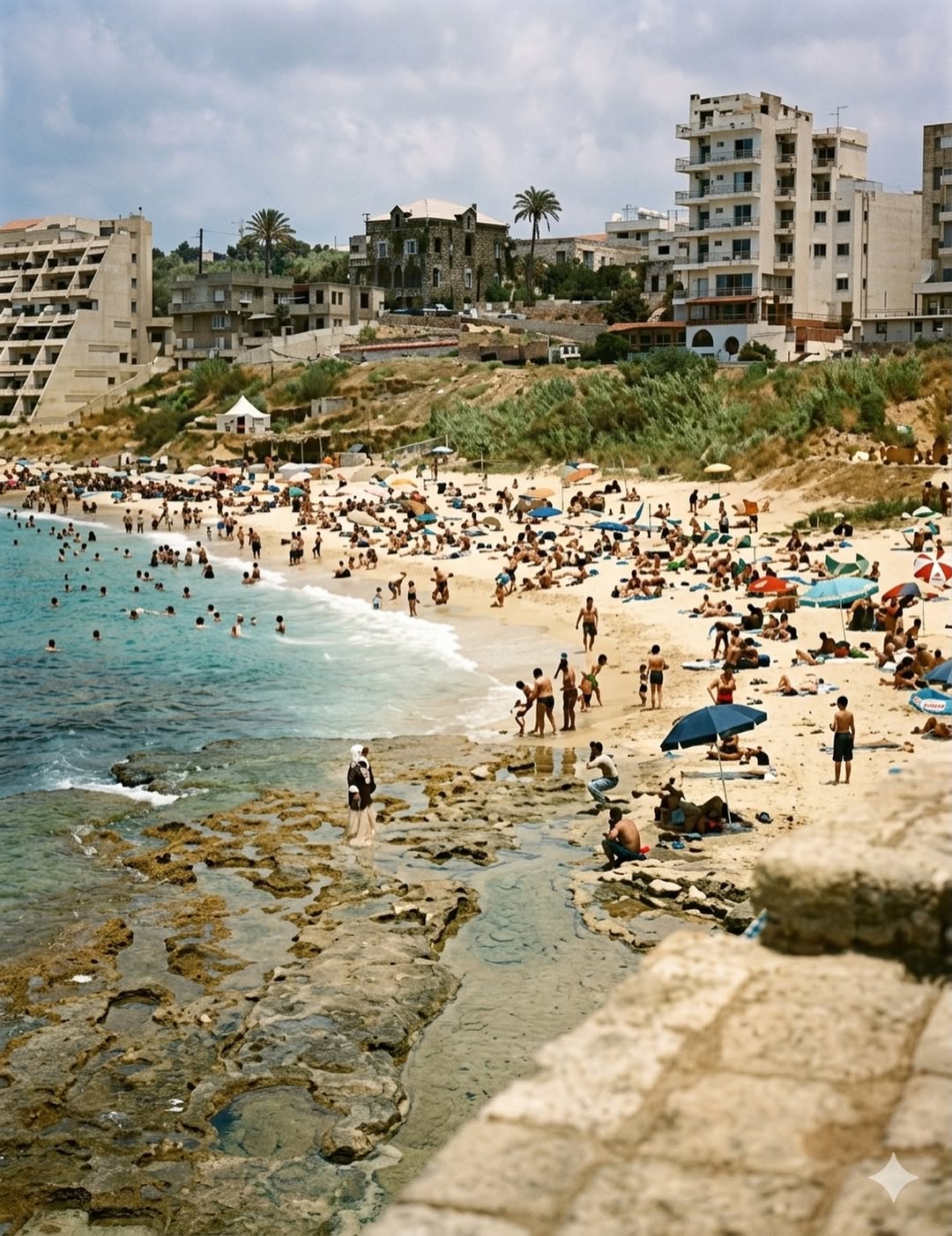 The sandy beach below the old city