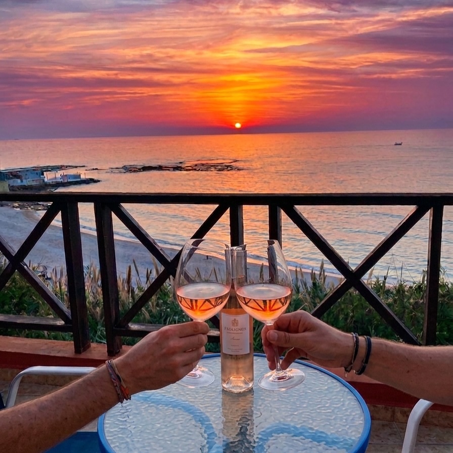 Two glasses of rosé raised on a balcony at sunset